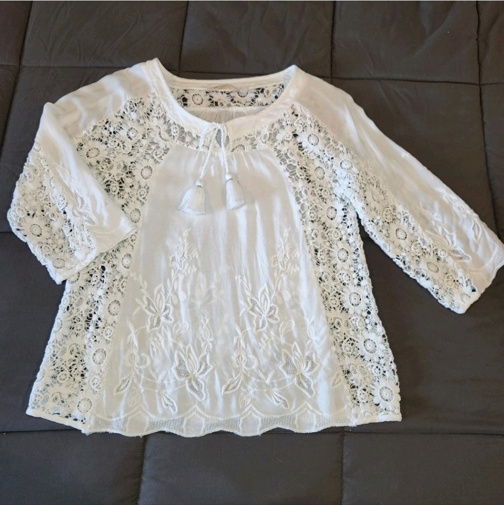 Soft Surroundings Renoir Top White Crochet Lace Scalloped 3/4 sleeve Size XS - Picture 2 of 5